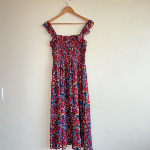 NEW Natural Life Smocked Floral Midi Dress Red Blue Boho M Cottage Romantic - Picture 3 of 7